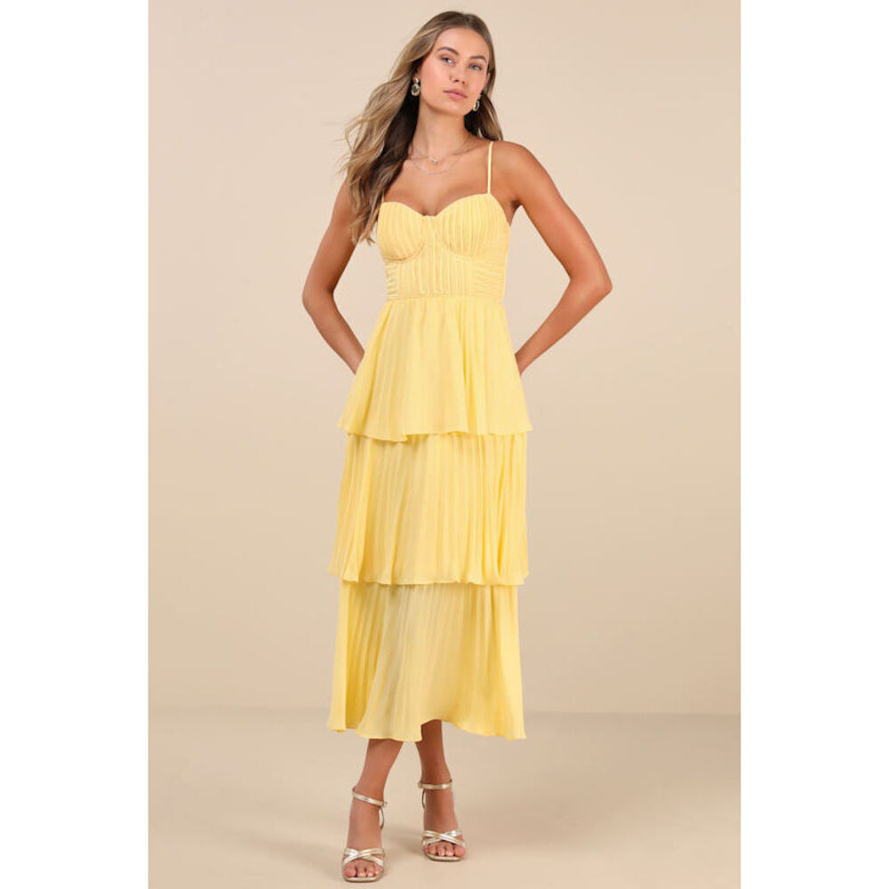 Lulus Cascading Crush Yellow Tiered Bustier Midi Dress - Size L